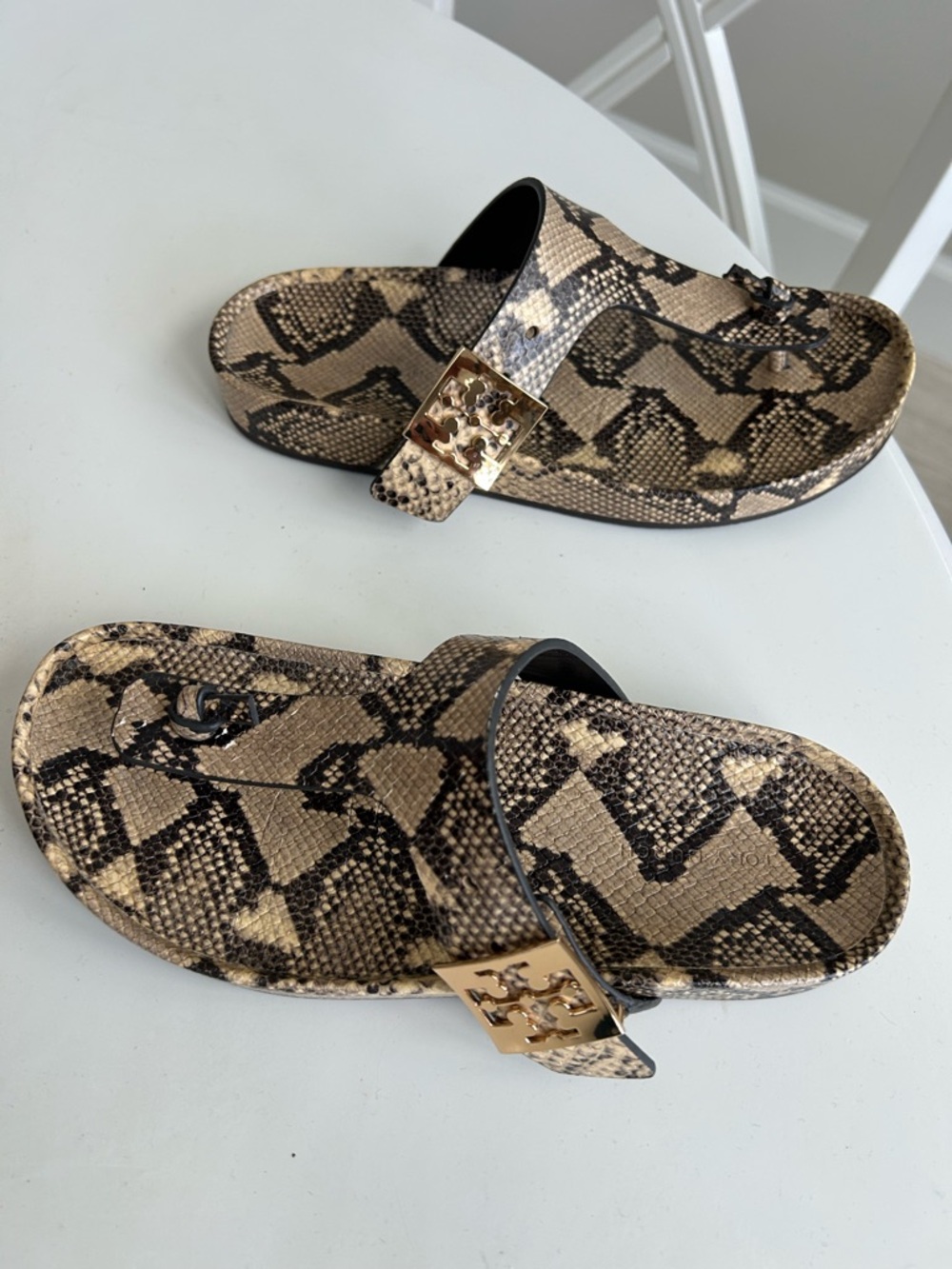 Tory Burch Snake-Print Miller Sandals in Tan and Black with Gold Hardware